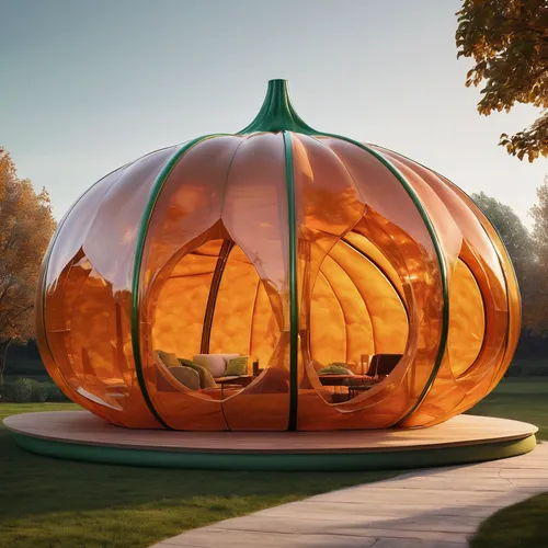 a temporary pavilion structure inspired by the shape and texture of a pumpkin. an organic and curvaceous form using lightweight materials such as fabric or inflatable structures. curved walls, domed r