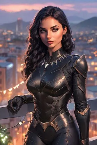 PORTRAIT OF WOMAN WITH CLOTHES, Lofi style, view from a city terrace at dusk, string lights and a person looking at the horizon.,a rendering drawing of a woman in cat suit,alita,catwoman,catsuit,kitta