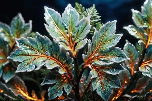 Intricate matrix ornaments 🌊✨, 8K 📺, HD 🌟, high render 🎨.,close up of plant with bright lights in foreground,bicolor leaves,mandarin leaves,variegata,arborvitae,leaf veins,dark green plant,foliage
