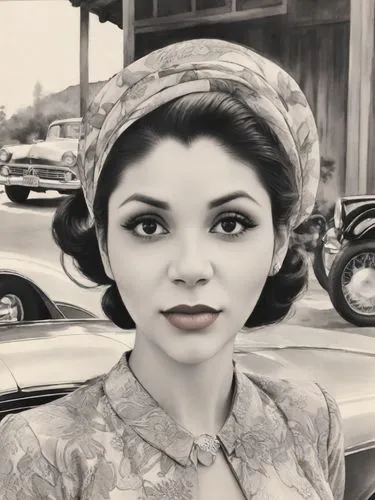 a woman that is wearing a dress and standing in front of a car,vintage asian,vintage girl,vintage woman,farrokhzad,retro woman,vintage makeup