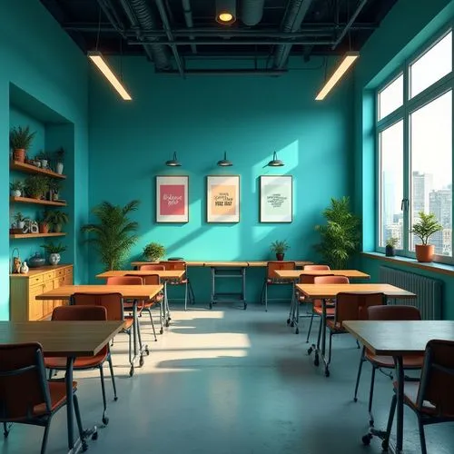 dark cyan walls, bold modern learning space, fluorescent lights, wooden desks, ergonomic chairs, greenery on shelves, motivational posters, large windows, cityscape view, 3/4 composition, soft natural