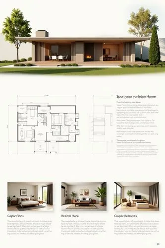 A professional architectural presentation board with a Pure background and a clean, minimalist design layout. The board includes:

Top Section: On the top left, a photorealistic render of a contempora