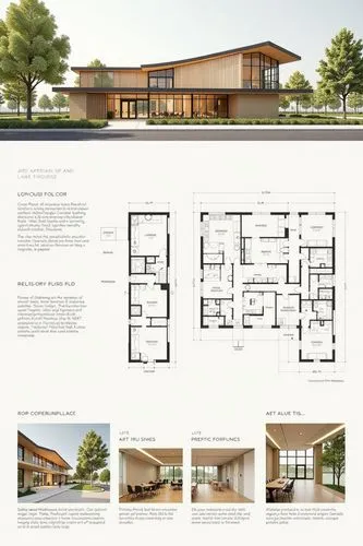 A professional architectural presentation board with a Pure background and a clean, minimalist design layout. The board includes:

Top Section: On the top left, a photorealistic render of a contempora