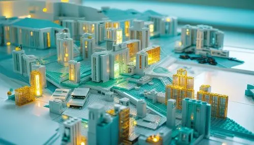 a model of an area with buildings lit up from the top,microdistrict,micropolis,lego city,tilt shift,3d rendering,3d render,cybercity,cinema 4d,city blocks,city buildings,metropolis,voxels,circuit boar