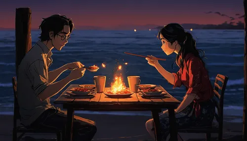 Write a romantic scene where two lovers share a romantic candlelit dinner enjoying eak ramen by the seashore.,romantic dinner,romantic night,dinner for two,romantic scene,candle light dinner,romantic 