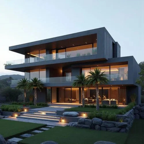 A hyper-realistic, high-resolution architectural photograph of a multi-level, contemporary luxury residence featuring a sleek, geometric design. The exterior is composed of smooth, matte charcoal-gray