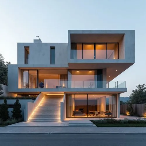 A hyper-realistic, high-resolution architectural photograph capturing a striking, multi-level contemporary home constructed primarily from smooth, exposed concrete. The design is characterized by dram