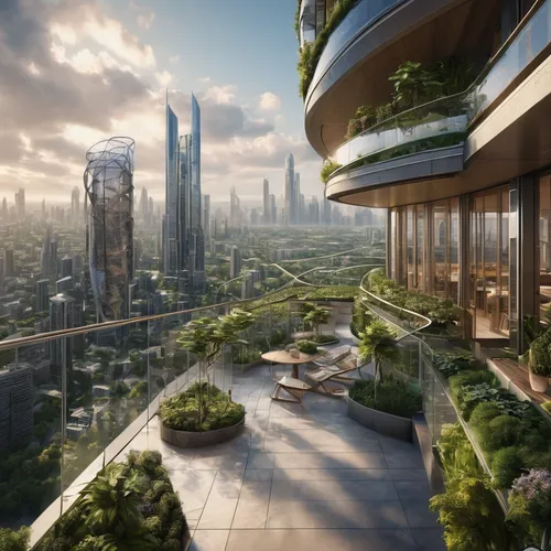 Looking from a balcony. Design a sprawling, futuristic metropolis suspended in mid-air. Incorporate intricate networks of walkways, towering skyscrapers, and lush green spaces. Consider how gravity-de