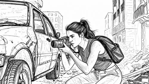 a woman crouching down with a camera near a parked truck,camera illustration,girl and car,camera drawing,a girl with a camera,car drawing,photojournalist,camera photographer,camerawoman,photographer,t