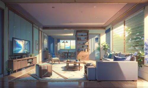 Japanese Anime, Makoto Shinkai Style,modern room,apartment,sky apartment,roominess,an apartment,livingroom,blue room,japanese-style room,sunroom,shared apartment,living room,beauty room,interior desig