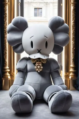 Create a minimal stuffed animal character, in style of Kaws Art,this giant teddy bear has ears and eyes,plush bear,plush toy,teddy bear waiting,plush figure,mickey,plush toys,soft toy,mickey mouse,ted
