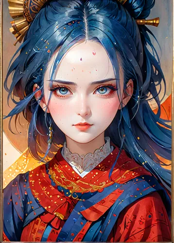 ife Art, UHD, High Quality, Old Painting by Shining, Watercolor, trending on artstation, sharp focus, studio photo, intricate details, highly detailed, by greg rutkowski,oriental princess,hanbok,chine