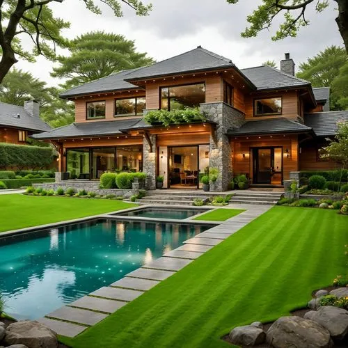 An elegant house built with stone and wood, illuminated by indirect lighting that enhances its warmth and design. Surrounded by carefully landscaped gardens, it sits in front of a serene lake that com