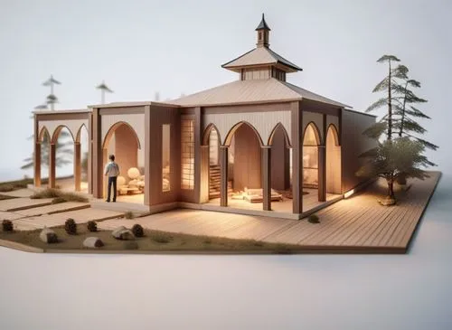 a wooden model of a large building with arches and a dome,diorama,prenuptial,crown render,premarital,wooden church,wooden mockup