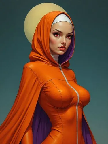 A stunningly detailed oil painting: a bald-iron nurse, with perfect details of his skin and body, shrouded in a brilliant orange gown. The illustration is a testament to the artist's meticulous crafts