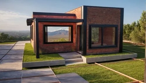 ventana de doble hoja, marco de aluminio negro y en su reflejo se ve nítidamente un cielo con nubes y en la lejanía las sierras comechingones de san luis argentina 

,a house sits on a hill overlookin
