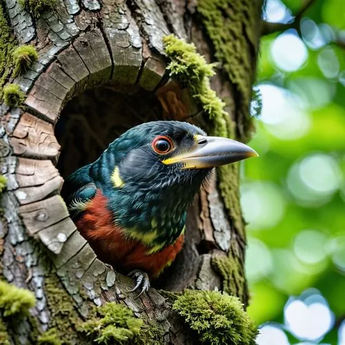 A Taiwan barbet peeks out of its nest hole in the tree trunk, gazing at the outside world with innocent eyes. Using a long-distance camera, an extreme close-up shot is taken. Focus on the bird's head 