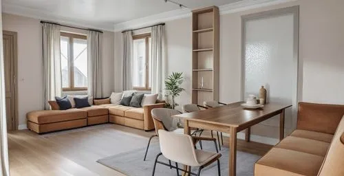 Bright living room interior with dining area. Light walls, soft sofas, chairs with fabric upholstery. There is parquet on the floor, light curtains on the windows. Green plant in a pot. The window fra
