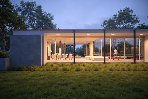 A photo-realistic rendering of a modern house with a minimalist design, featuring a large glass wall and a concrete structure on the left side. the house is situated on a grassy area, with a well-mani