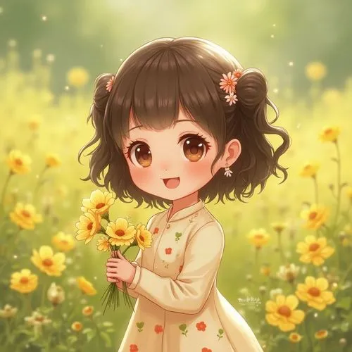 Une jeune fille adorable de style poupée animée, avec de grands yeux bruns expressifs, un petit sourire doux et des cheveux courts bruns avec des mèches claires coiffés en deux petites couettes basses