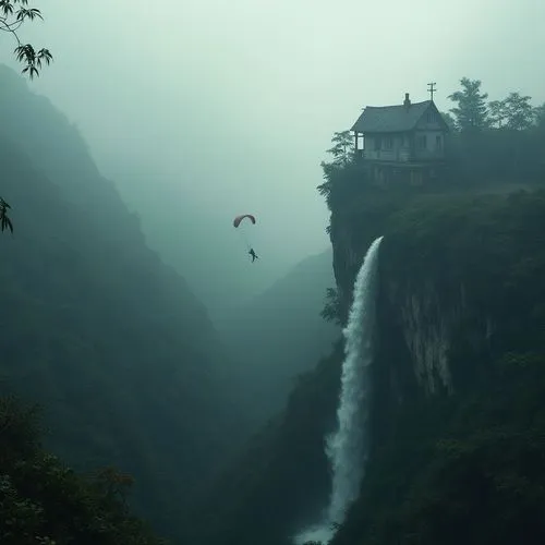 man parasailing next to a waterfall as the wind blows in,house in mountains,take-off of a cliff,hanging temple,foggy landscape,cocoon of paragliding,house in the mountains,japan landscape,flight parag