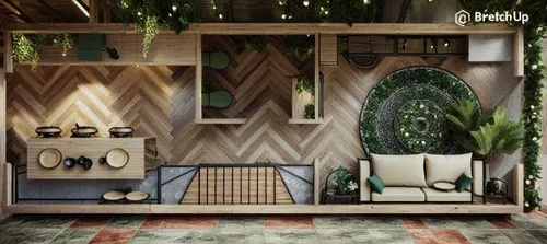 an asian restaurant with various wall scapes and plates,bamboo curtain,interior decoration,patterned wood decoration,background design,outdoor furniture,decor