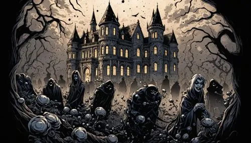 COMIC STYLE, COMIC ART, Tuschelinien, Schatten, dynamische Linienführung, 2000's Comic‑Look, slim black ink outline,a house that is surrounded by some people,the haunted house,witch's house,haunted ca