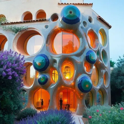 Create a Mediterranean garden retreat behind the building, filled with lush greenery, terracotta pots overflowing with lavender and geraniums, and shaded by olive and fig trees. Include a clear view o