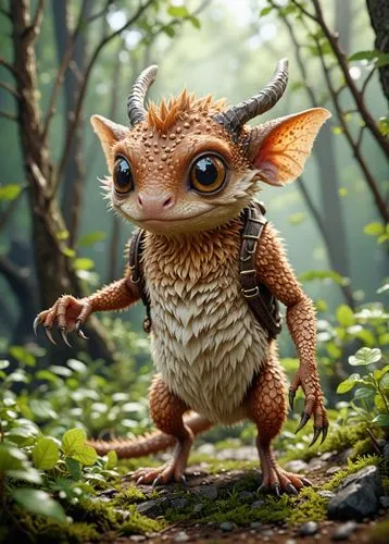a cute creature design, 8k resolution, highly detailed, sharp focus, full body shot,a cute brown and yellow colored creature standing on a leafy green field,dwarf armadillo,fantasy animal,pygmy,forest