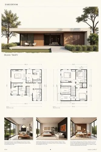 A professional architectural presentation board with a Pure background and a clean, minimalist design layout. The board includes:

Top Section: On the top left, a photorealistic render of a contempora