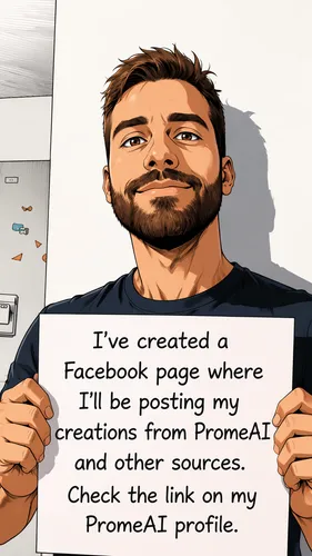 Anime style:

I am holding a sign with the following message written on it:
"I’ve created a Facebook page where I’ll be posting my creations from PromeAI and other sources. Check the link on my PromeA