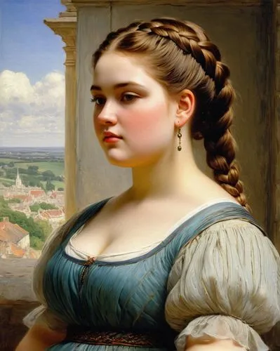 A beautiful young chubby plus-sized girl, goddess braided hairstyle, nice outfit，by Albert Goodwin,portrait of a girl,bougereau,girl with cloth,young woman,woman holding pie,franz winterhalter,portrai