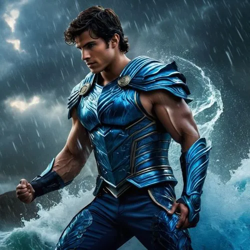 Percy Jackson, son of Poseidon as a full god, wearing a blue armor vest, blue metal boots, shiny blue pants, with powerful muscles, in a hurricane ,Percy Jackson, son of Poseidon as a full god summoni