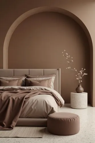 a bedroom is decorated in brown tones and is very cozy,headboards,headboard,taupe,wall plaster,daybeds,daybed,fromental,bedstead,wallcoverings,rovere,bedroomed,bed,soft furniture,bed linen,stucco wall