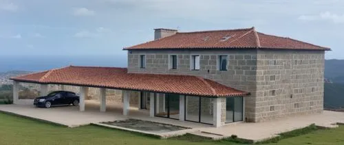 leds, red roof, stone walls,a car that is sitting in front of a building,light station,restored home,guardhouse,house of the sea,battery point lighthouse,ferry house,blockhouse,historic site,view poin
