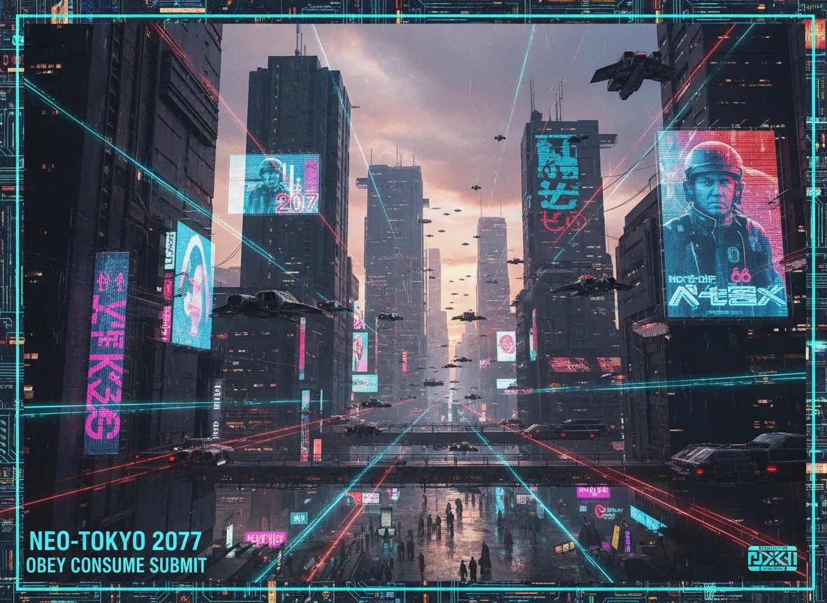 Ein detailliertes Poster einer dystopischen Stadtlandschaft mit fliegenden Fahrzeugen und hoch aufragenden holografischen Werbeanzeigen, das eine klassische Cyberpunk-Ästhetik zeigt.
