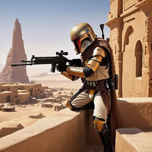 A lone bounty hunter crouches atop a sandstone building in Mos Eisley, scanning the crowd below through the scope of a blaster rifle. Her target, a Rodian smuggler, nervously pushes his way through th