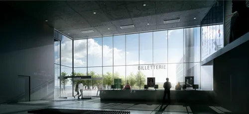 commercial space,a lobby with glass and mirrors and people walking inside,daylighting,snohetta,glass wall,3d rendering,atriums,glass facade,modern office,revit,renderings,render