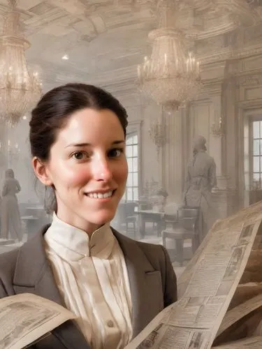 I want her to look like a very skilled businesswoman in finance with a lot of money and an architect of this era, realistic colors. Some blueprints in hand. 19th century, year 2025.,the woman is holdi