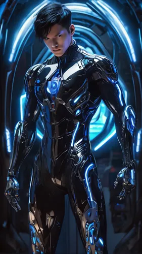 Close-up shot of a cyber boy with intricate glowing LED accents under his metallic silver skin, reminiscent of Ghost in the Shell's cyborg aesthetics. His determined expression is accentuated by his b