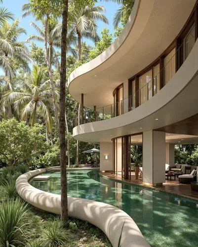 A tropical luxury villa with curved architectural lines, large glass panels, surrounded by palm trees and exotic greenery, featuring a pool with seamless edges, a serene retreat blending modern design