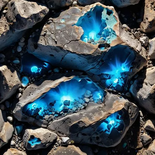 roccia spaccata nera con all'interno minerali blu fluorescenti ,a close up view of a rock that has some blue lights,lava stones,blue slag,colored stones,blue spheres,geode,geodes,blue eggs,opals,solid
