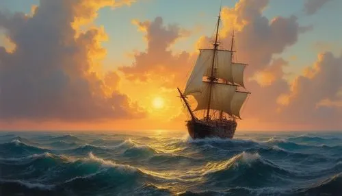A ship making its way in sea. Sunset at the horizon,a ship sailing through a large ocean with a sunset,sea sailing ship,sailing,sail ship,sail boat,sailing boat,sailboat,sailing ship,at sea,sail,saili