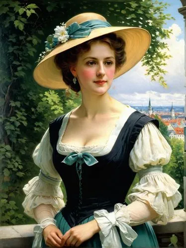 The Munich painter Franz Lehnbach portrays Anna Schäffer, who has traveled from Mindelstetten,a painting of a woman in a big hat and dress,perugini,woman with ice-cream,girl in the garden,portrait of 