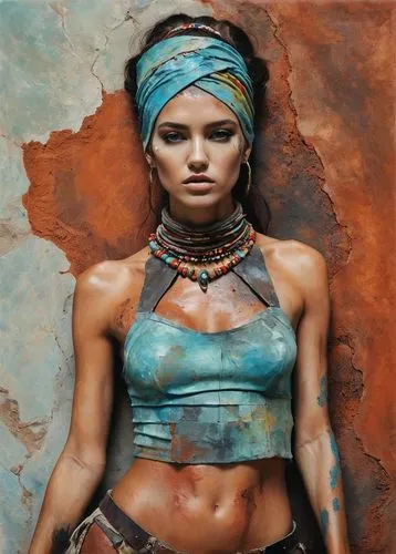 A beautiful, stunning mixed media figure realistic photo using different texture, collage, fabric, powertex, acrylic paint. oil pastels, modeling paste, rust paint, mud, over skin covered. captivating