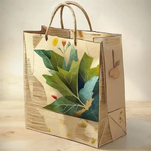 A rustic, eco-friendly shopping paper bag made from kraft paper, with visible texture and natural imperfections. The bag has a hand-made collage  of paper doll. The handles are made of twisted natural