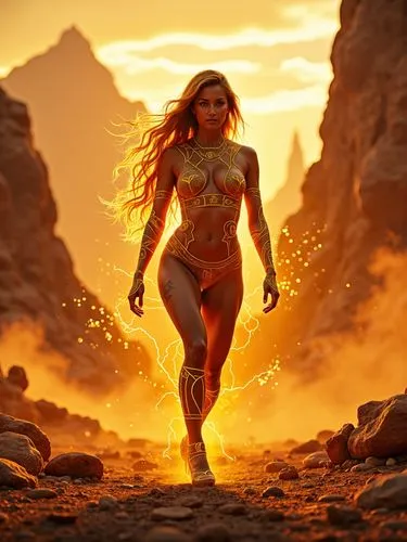 A dramatic, high-fashion portrait of a powerful female warrior, inspired by Goku, set against a breathtaking, fiery orange and yellow mountainous desert landscape, with hints of redshift and jagged ed