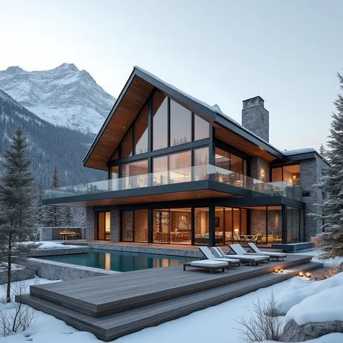 A hyper-realistic, high-resolution architectural photograph of a luxurious, alpine-style modern villa nestled in a mountainous landscape. The home features a prominent A-frame roof and is constructed