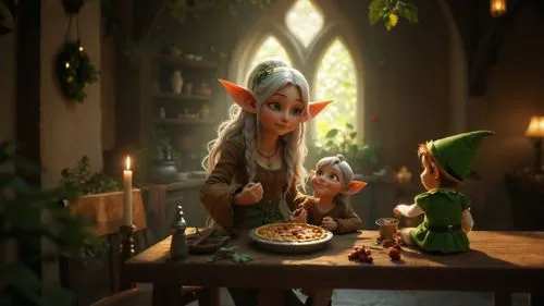 an elf is sitting at the table eating pizza,gnomes at table,innkeeper,elf,elves country,gnome and roulette table,elfin,elven,fairy tale character,hanging elves,wood elf,elvish,baby elf,fairy village,m