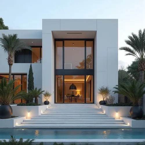 A hyper-realistic, high-resolution architectural photograph capturing a grand, ultra-modern luxury mansion at twilight. The building’s façade is composed of smooth white stone panels contrasted with s